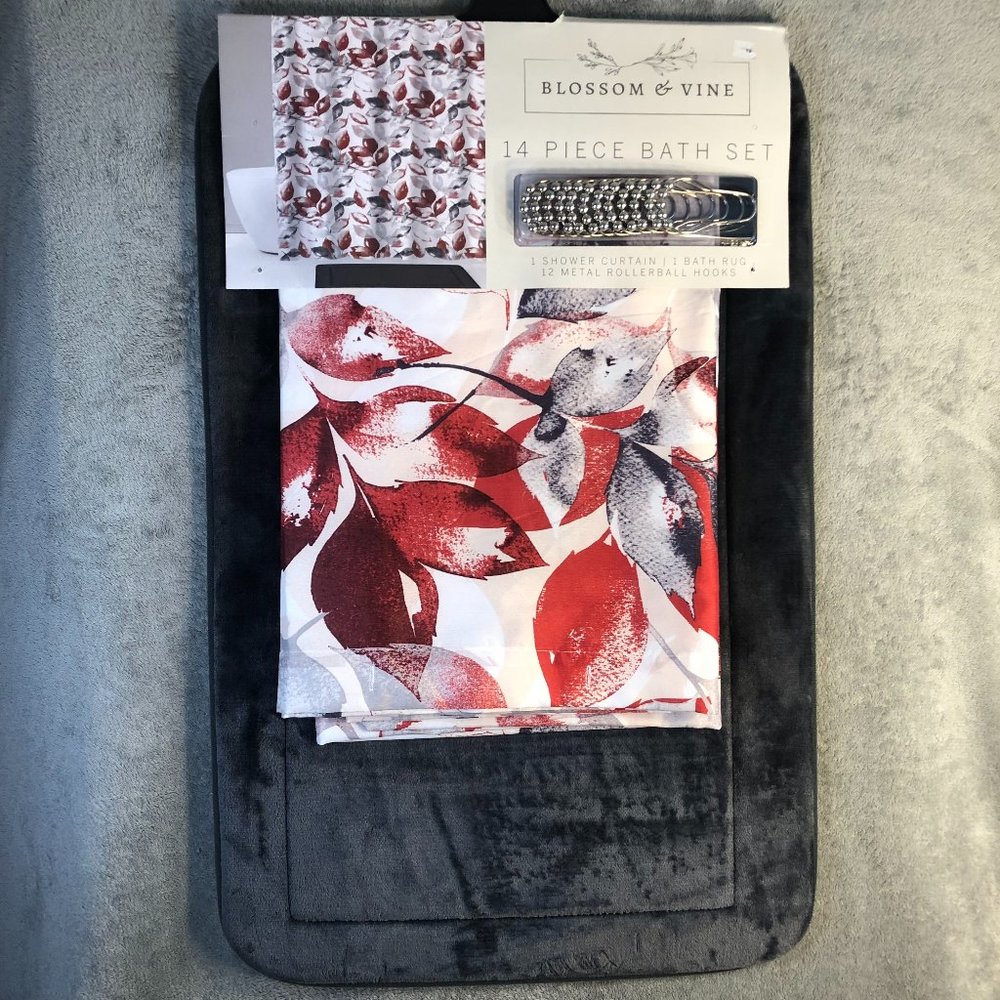 NEW Blossom & Vine 14 Piece Bath Set Shower Curtain Set With Bath Rug